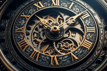 Fototapeta na wymiar Detail retro old concept clock parts of vintage black big watch