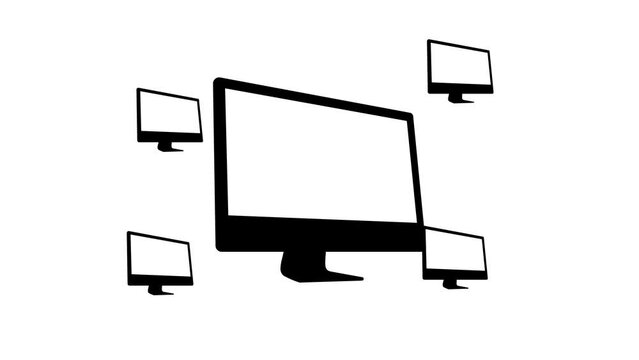 Zoom in and out animation the monoblock symbol. Large black symbol in the center and four small symbols around. Seamless looped 4k animation on white background