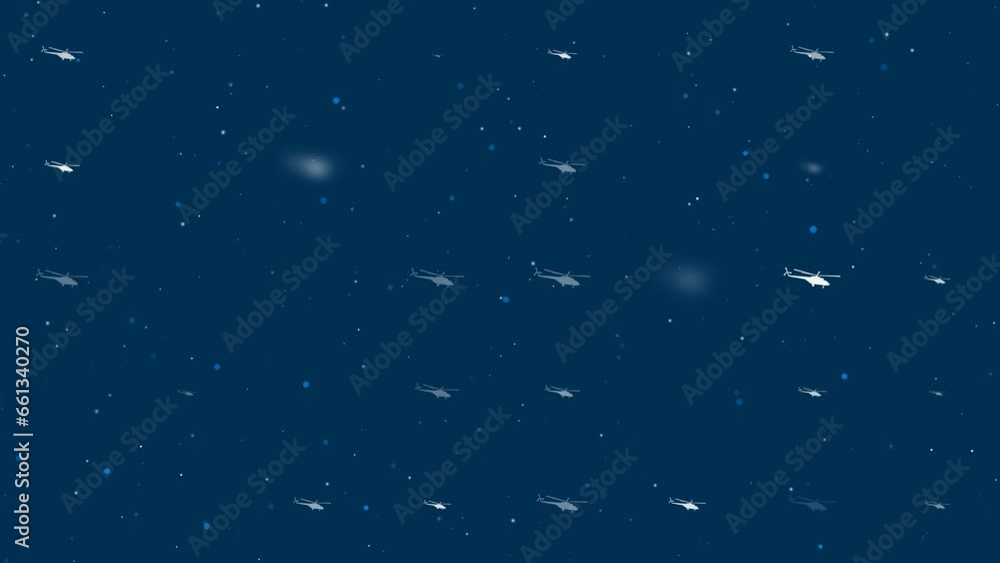Poster template animation of evenly spaced helicopter symbols of different sizes and opacity. animation of 