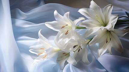 Photography of fresh lilies against satin fabric, emphasizing the fabric's sheen and the flower's elegance. Top view, flat lay.