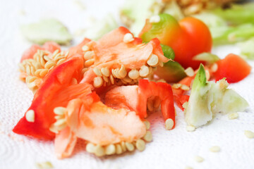 Bell pepper interior. Pepper paprika seeds closeup. Food waste background. Vegetable inside. Scraps leftover. Home fertilizer food recycling. Biodegradable garbage. Food compost.