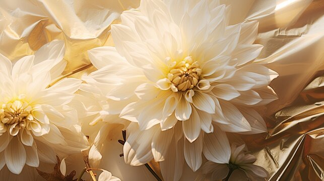 Photography of chrysanthemums on a sheet of crinkled gold foil, reflecting light from the petals. Top view, flat lay.