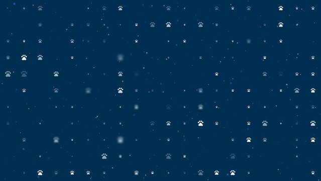 Template animation of evenly spaced pet symbols of different sizes and opacity. Animation of transparency and size. Seamless looped 4k animation on dark blue background with stars