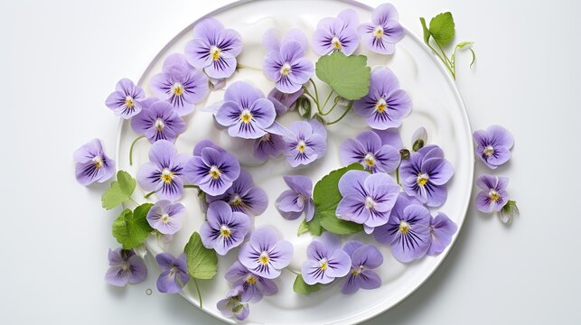 Photography of violets on a smooth porcelain plate, highlighting the delicate nature of the flowers. Top view, flat lay.