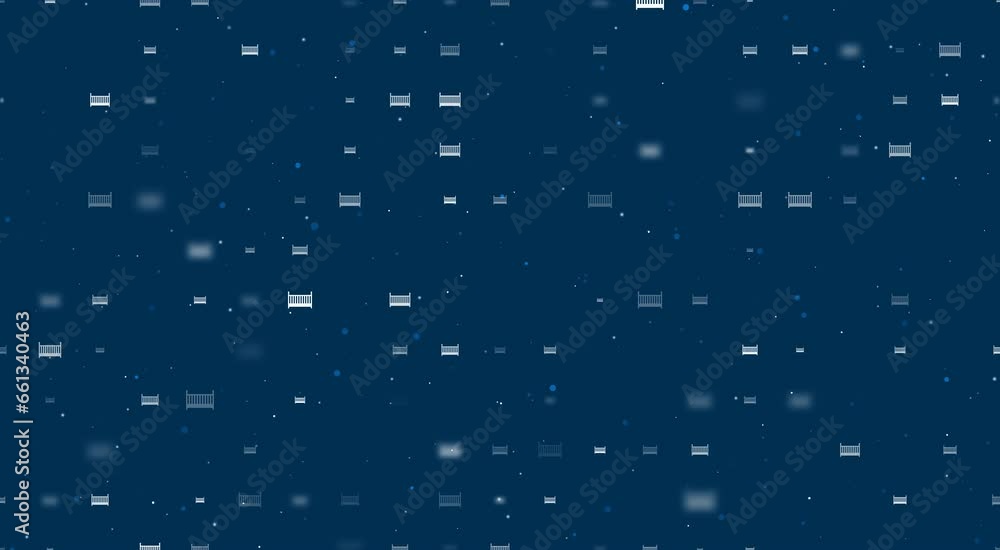 Poster template animation of evenly spaced baby cot symbols of different sizes and opacity. animation of tr