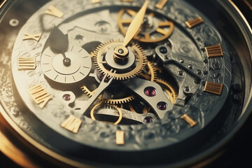 Detail retro old concept clock parts of vintage black big watch - obrazy, fototapety, plakaty