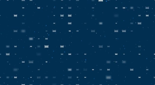 Template animation of evenly spaced baby cot symbols of different sizes and opacity. Animation of transparency and size. Seamless looped 4k animation on dark blue background with stars