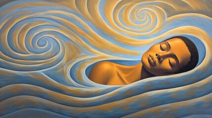 Waves of Tranquility: Non-detailed figure resting amidst abstract, gentle waves, symbolizing peace, self-care, and a serene mind without detailed water imagery