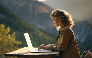 Digital nomad woman working at a table with a computer in the background views of a mountain and a valley. Work online in travel concept