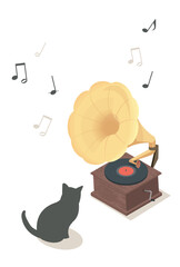 蓄音機と黒猫のイラスト