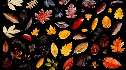 Autumn leaves isolated on a black background. Collection of fall leaves. Generative AI