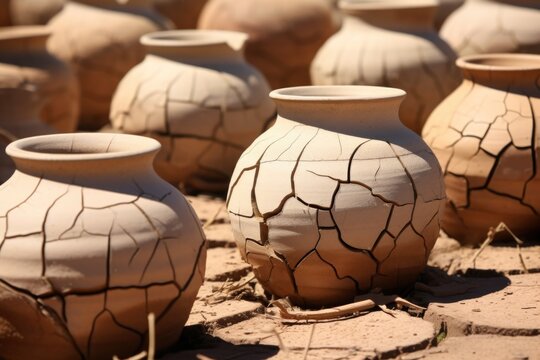 cracked clay pot in a lineup of intact pots