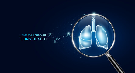 Lung inside magnifying glass with scan search and blue glowing neon heart pulse. Health care and medical check up too innovative digital technology. Body health checkup examining organ. Vector.