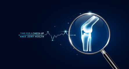 Knee joint bone in magnifying glass with scan search and blue glowing neon heart pulse. Health care and medical check up too innovative digital technology. Body health checkup examining organ. Vector. - obrazy, fototapety, plakaty