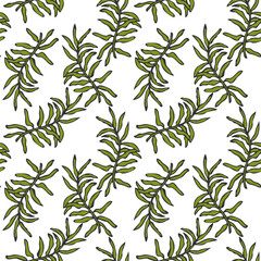 Moss twig hand drawn doodle pattern on white background.