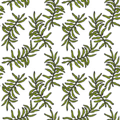 Moss twig hand drawn doodle pattern on white background.