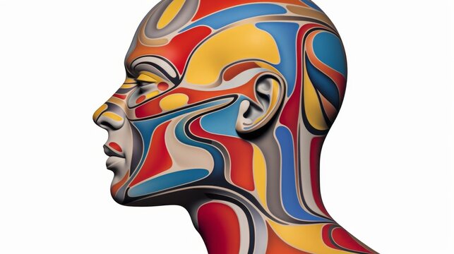 Abstract Mind: Simplistic representation of a human head with abstract, soft-shape elements inside, indicating various thoughts and emotions without detailed facial features.