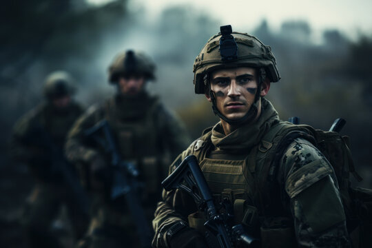 Determined soldier with team in forested battleground.