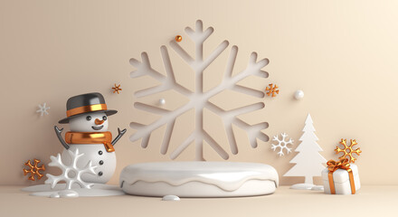 Winter display podium background with snowman, snowflakes, spruce trees cartoon style, 3d rendering illustration