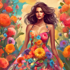 Obraz na płótnie Canvas A woman wearing a dress made of colorful flowers