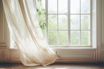 silk curtains billowing in front of a bright window
