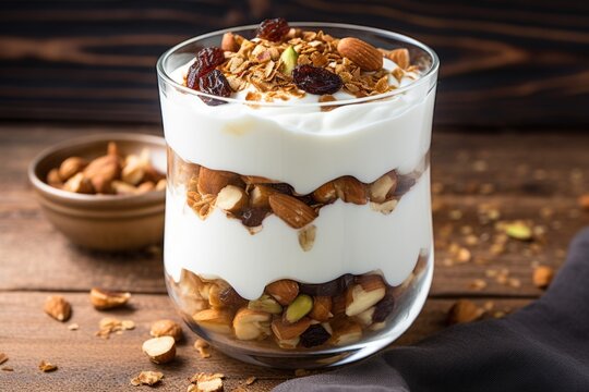 greek yogurt parfait with mixed nuts and raisins