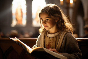 young girl reading bible in a church