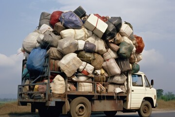 overloaded truck with goods jutting out
