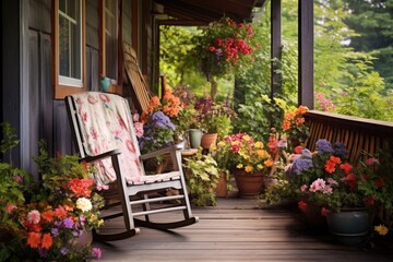 a rocking chair on a rustic porch overlooking a blooming garden