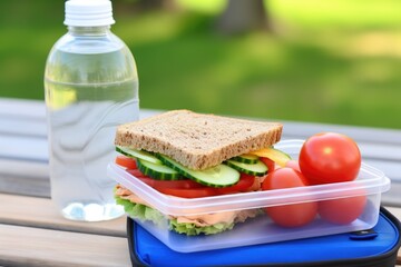 whole wheat sandwich in an open lunchbox by a water bottle