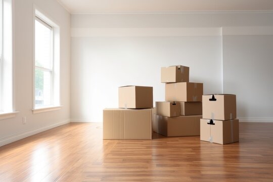 stack of moving boxes in a clean, empty room