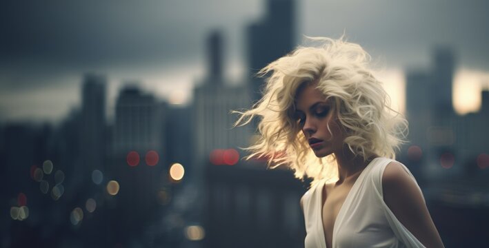 Blonde model in the city wearing sheer white silky dress, panoramic vista of bustling metropolis with high-rise buildings, late afternoon sunset, cold harsh concrete jungle versus fashion beauty. 