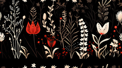 black and white background with flowers, seamless pattern, Generative Ai