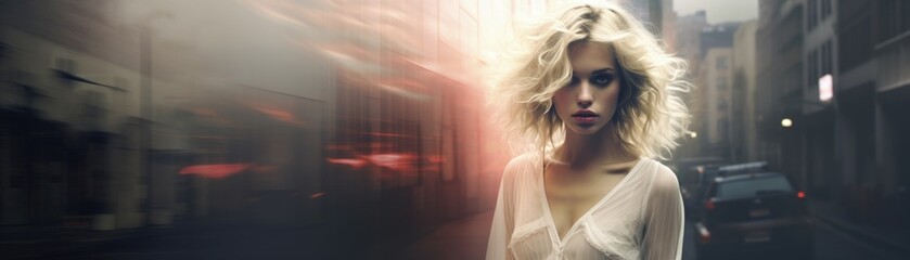 Blonde model in the city wearing sheer white silky dress, panoramic vista of bustling metropolis with high-rise buildings, late afternoon sunset, cold harsh concrete jungle versus fashion beauty.  - obrazy, fototapety, plakaty