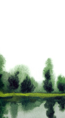 Fototapeta na wymiar Watercolor landscape. Trees by the lake