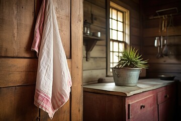 linen kitchen towel hanging on an old-fashioned nail in a farmhouse kitchen