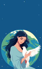  Vector flat illustration. Vertical banner poster place for text. International Day of Peace. World peace. A girl holds a dove in her arms against the backdrop of the globe. Hands and dove of peace