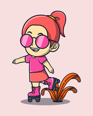 vector illustration of a girl in pink glasses playing roller skating.