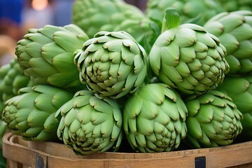 Fototapeta premium freshly harvested artichokes displayed on a farmers market stall