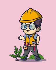 vector illustration of a construction worker wearing glasses smiling happily.