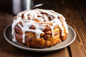 cinnamon roll with white frosting on a wooden table