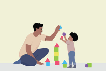 Father and son playing stacking toy blocks, playing with son, parental lesson, kids playing