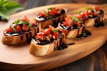 bruschetta topped with red tomatoes and shiny balsamic glaze on a wooden board