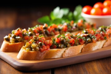 a neat row of bruschetta with capers on a bamboo board