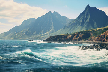 Naklejka premium rocky mountains and ocean are in view generative ai
