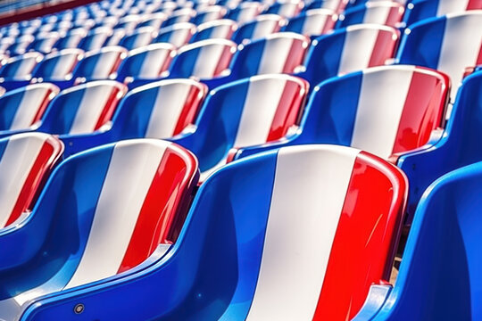 Rows of empty seats painted in the colors of the French flag on stadium