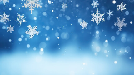 Naklejka na ściany i meble Christmas blue background with snow. AI Generative