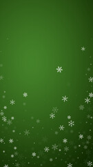 Falling snowflakes christmas background. Subtle flying snow flakes and stars on christmas green background. Beautifully falling snowflakes overlay. Vertical vector illustration.