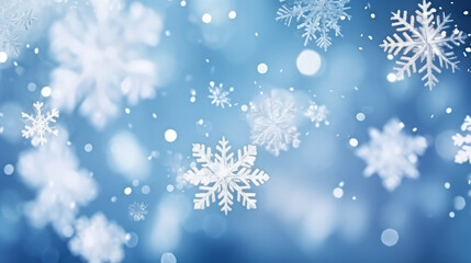 Naklejka na ściany i meble Christmas blue background with snow. AI Generative