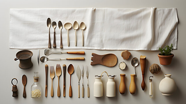 Knolling display of baking tools on marble surface